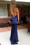 Dark Navy Sexy Sequin Spaghetti Straps Mermaid Evening Prom Dress Dresses