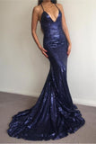 Dark Navy Sequined Spaghetti Straps Sparkly Mermaid Prom Dress