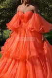 Orange Strapless Sweetheart Off The Shoulder Ruffled Evening Ball Gown Dresses