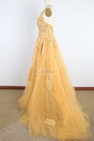 Gold Deep V-neck Applique Tulle Wedding Dress Formal Gown