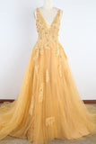 Gold Deep V-neck Applique Tulle Wedding Dress Formal Gown