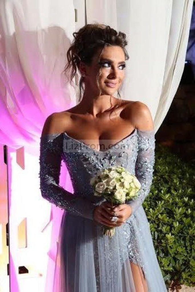 Off-the-Shoulder Long Sleeves Beaded Lace Prom Evening Dress